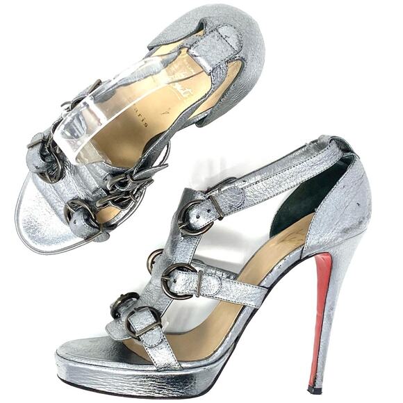 Christian Louboutin Lima 120 Silver Platform Buckle Sandals Heels 39 - Picture 3 of 14